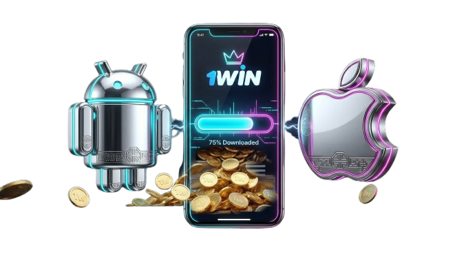 1win 코리아 공식 앱 다운로드 화면 - 안드로이드 및 iOS 프리미엄 실버 로고와 모바일 설치 진행 바가 포함된 공식 이미지