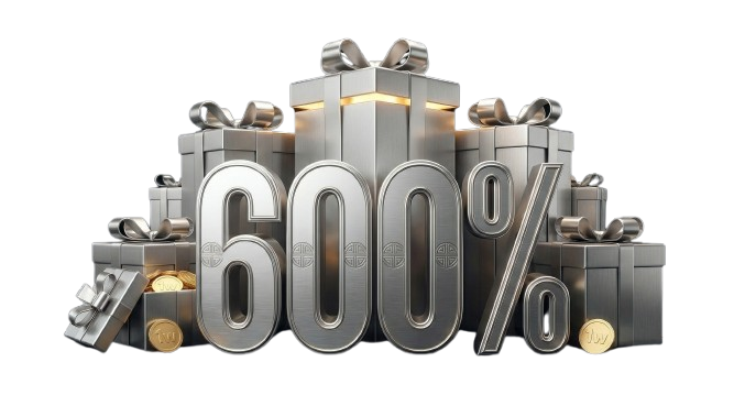 1win 코리아 공식 보너스 혜택 - 600% 웰컴 보너스를 상징하는 프리미엄 실버 선물 상자와 입체적인 숫자 디자인
